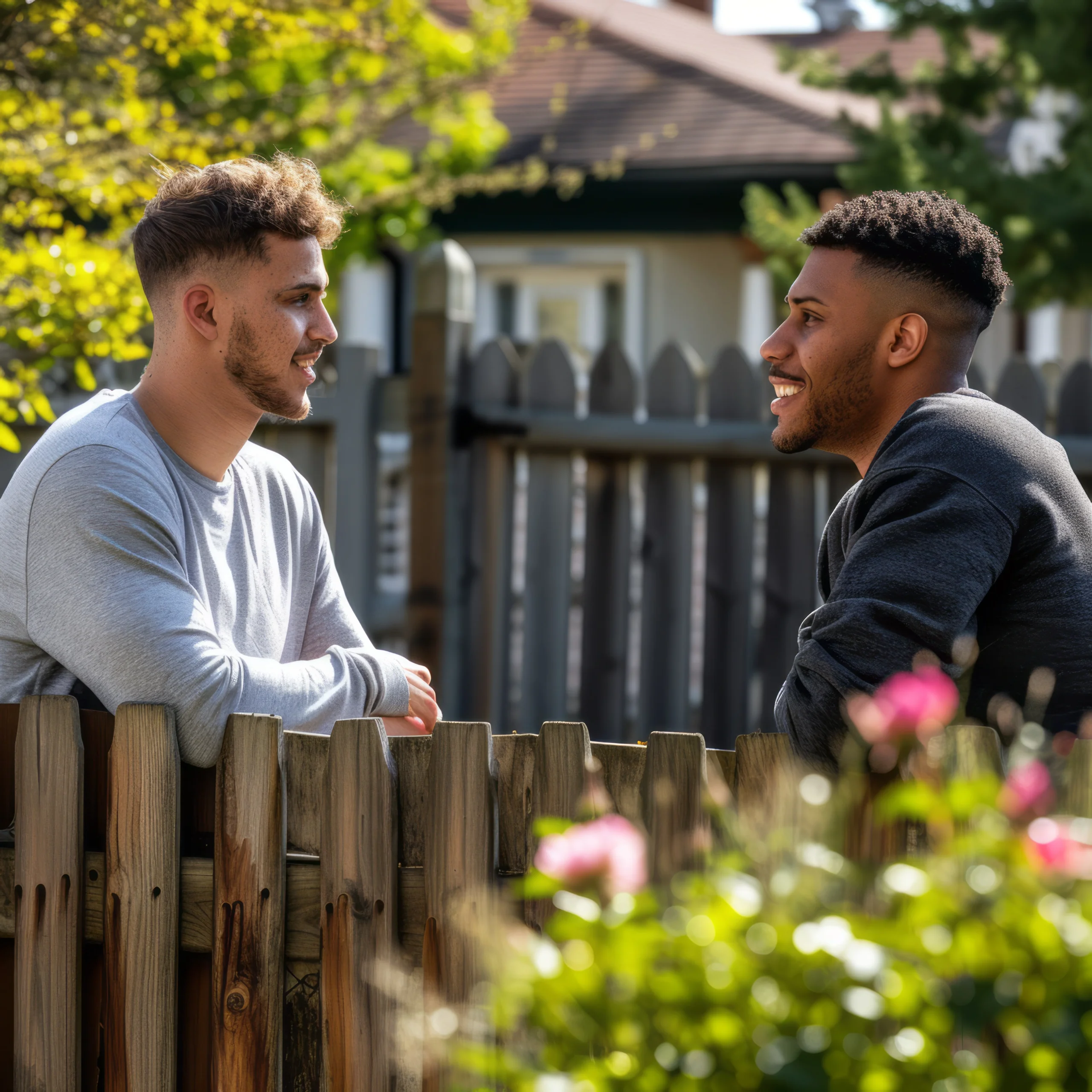 Neighbours discussing building works over a garden fence in London